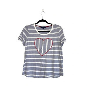 Tommy Hilfiger White & Blue Striped Embroidered Heart Front Tee Medium Women’s